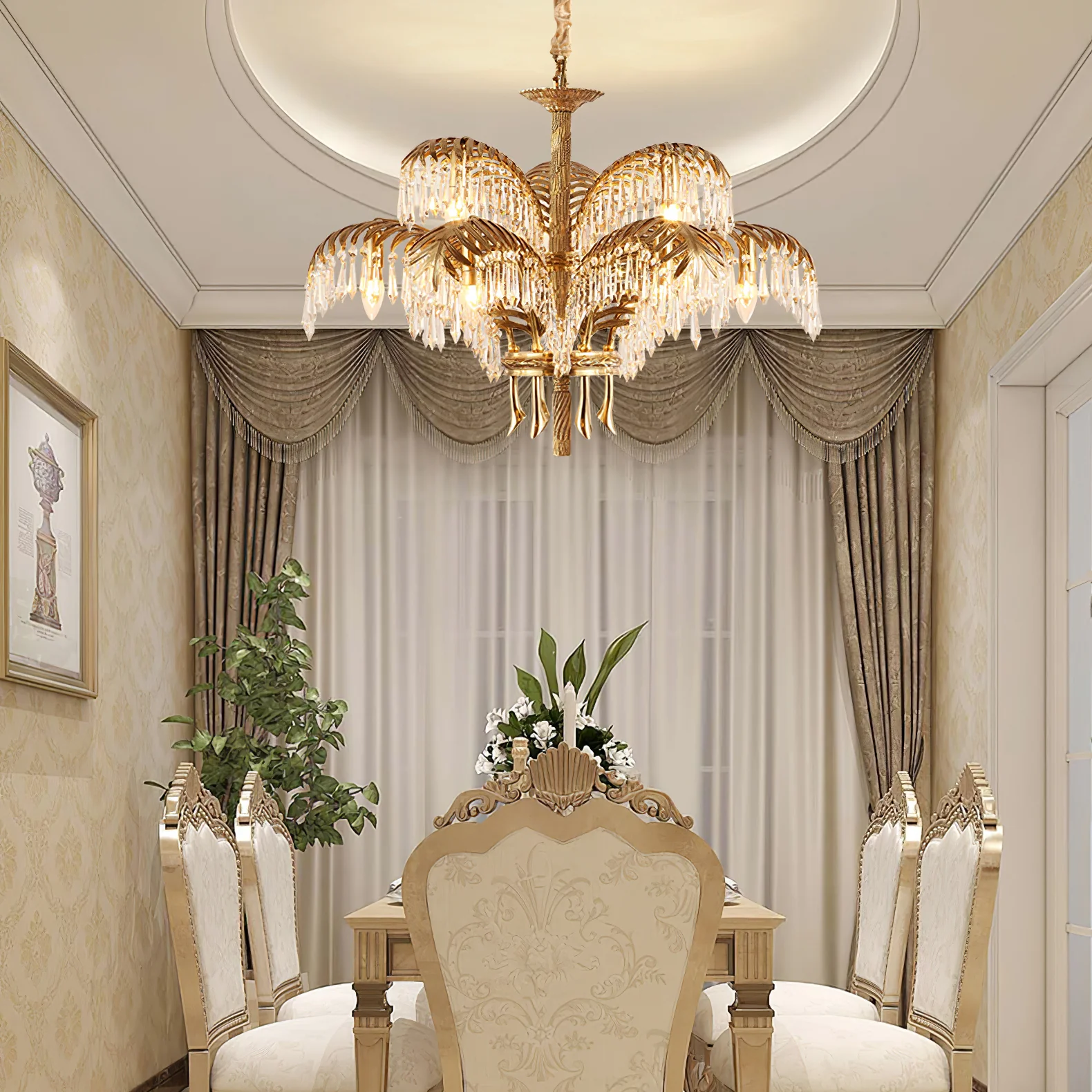Brass Palm Leaf Crystal Chandelier - Image 2