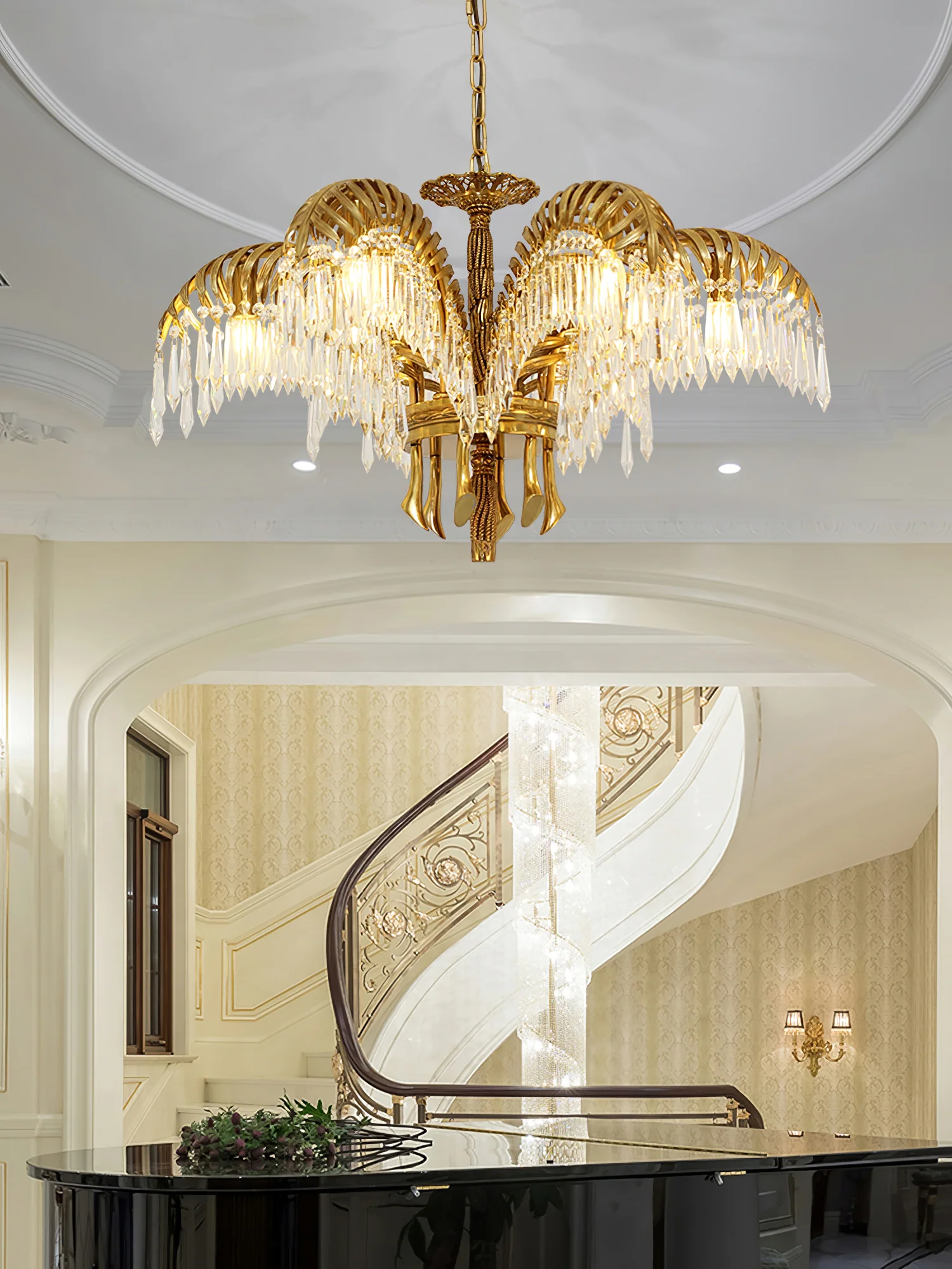 Brass Palm Leaf Crystal Chandelier - Image 21