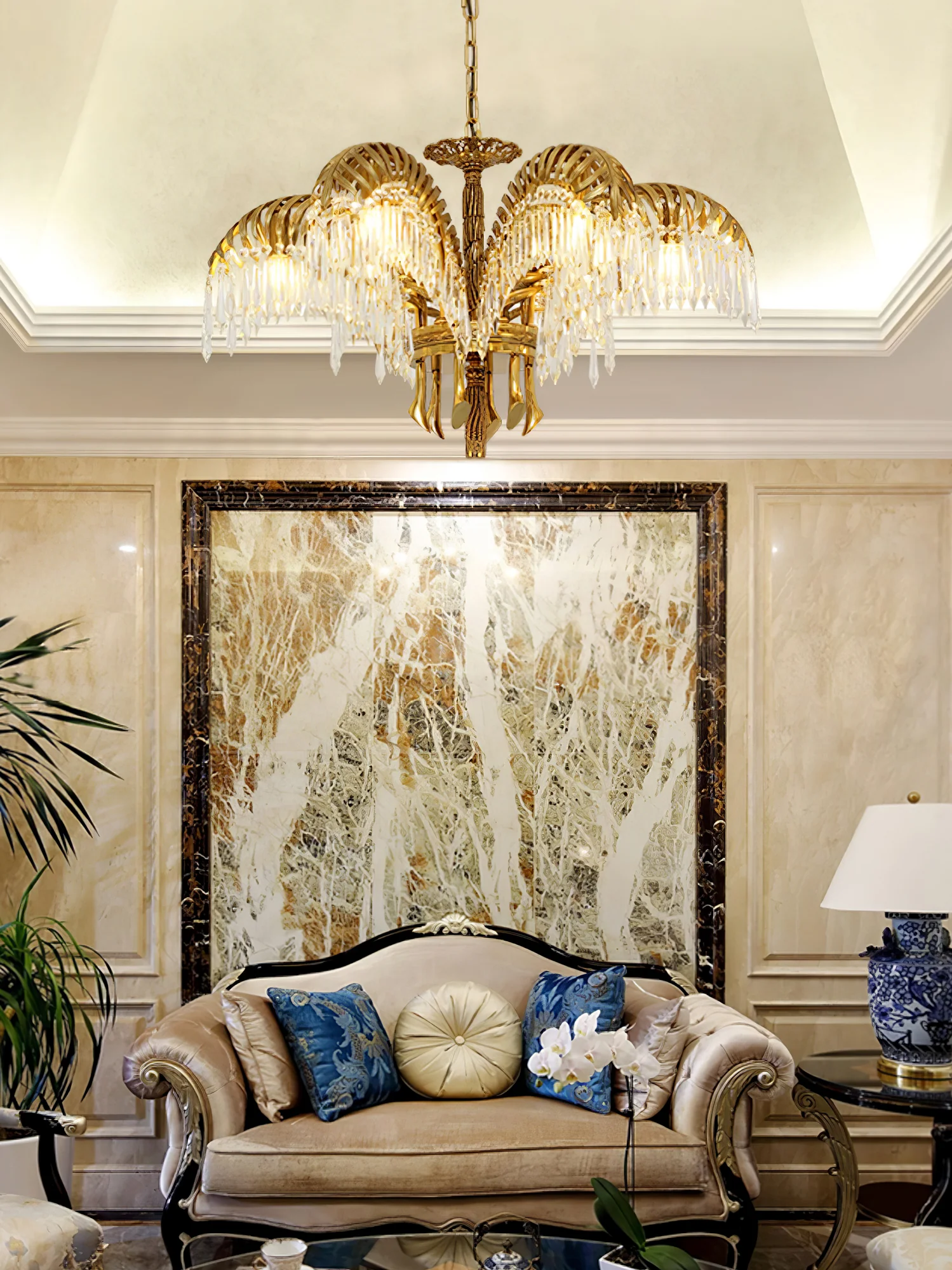 Brass Palm Leaf Crystal Chandelier - Image 22