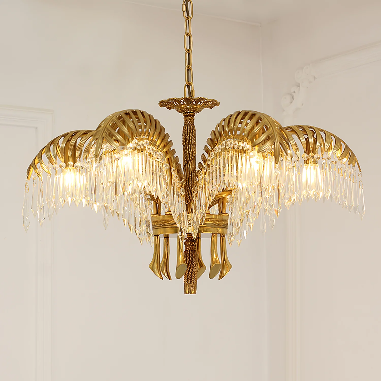 Brass Palm Leaf Crystal Chandelier - Image 30