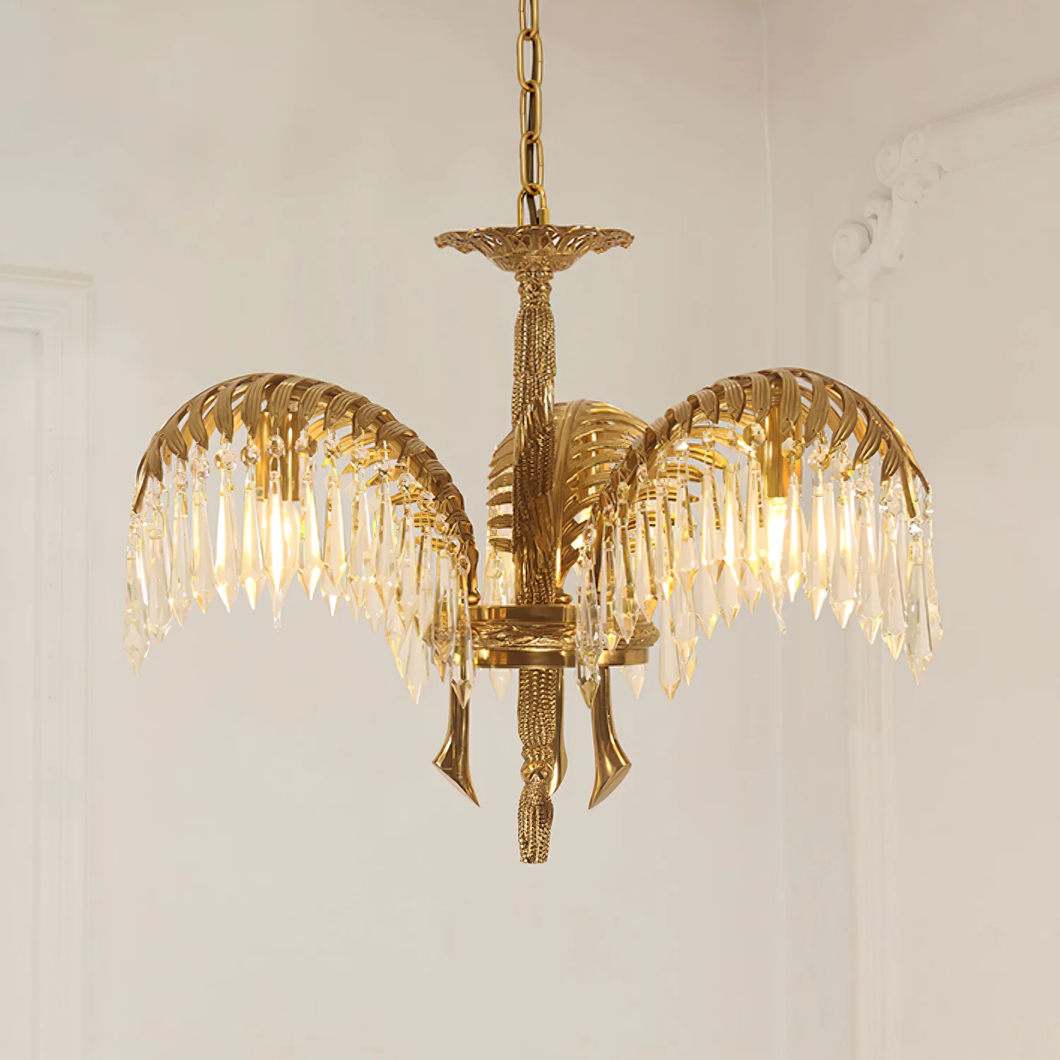 Brass Palm Leaf Crystal Chandelier - Image 38