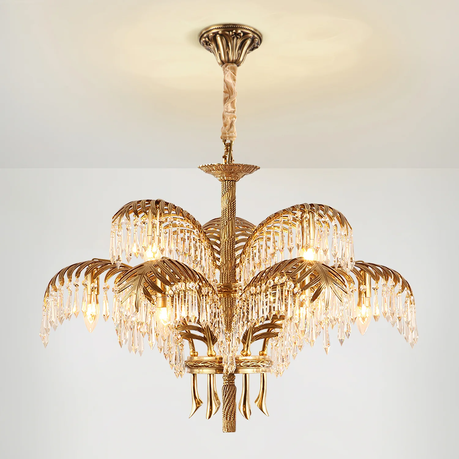 Brass Palm Leaf Crystal Chandelier - Image 39