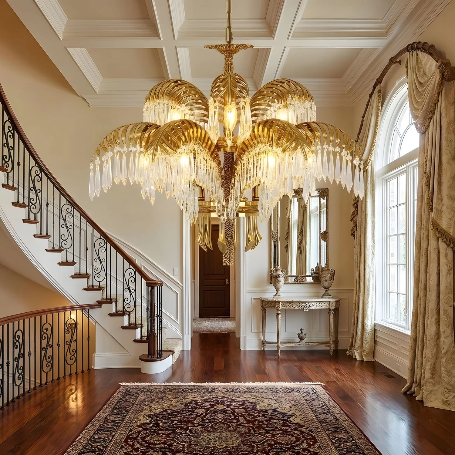Brass Palm Leaf Crystal Chandelier - Image 6