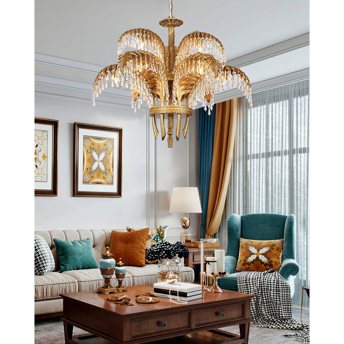 Brass Palm Leaf Crystal Chandelier - Image 60