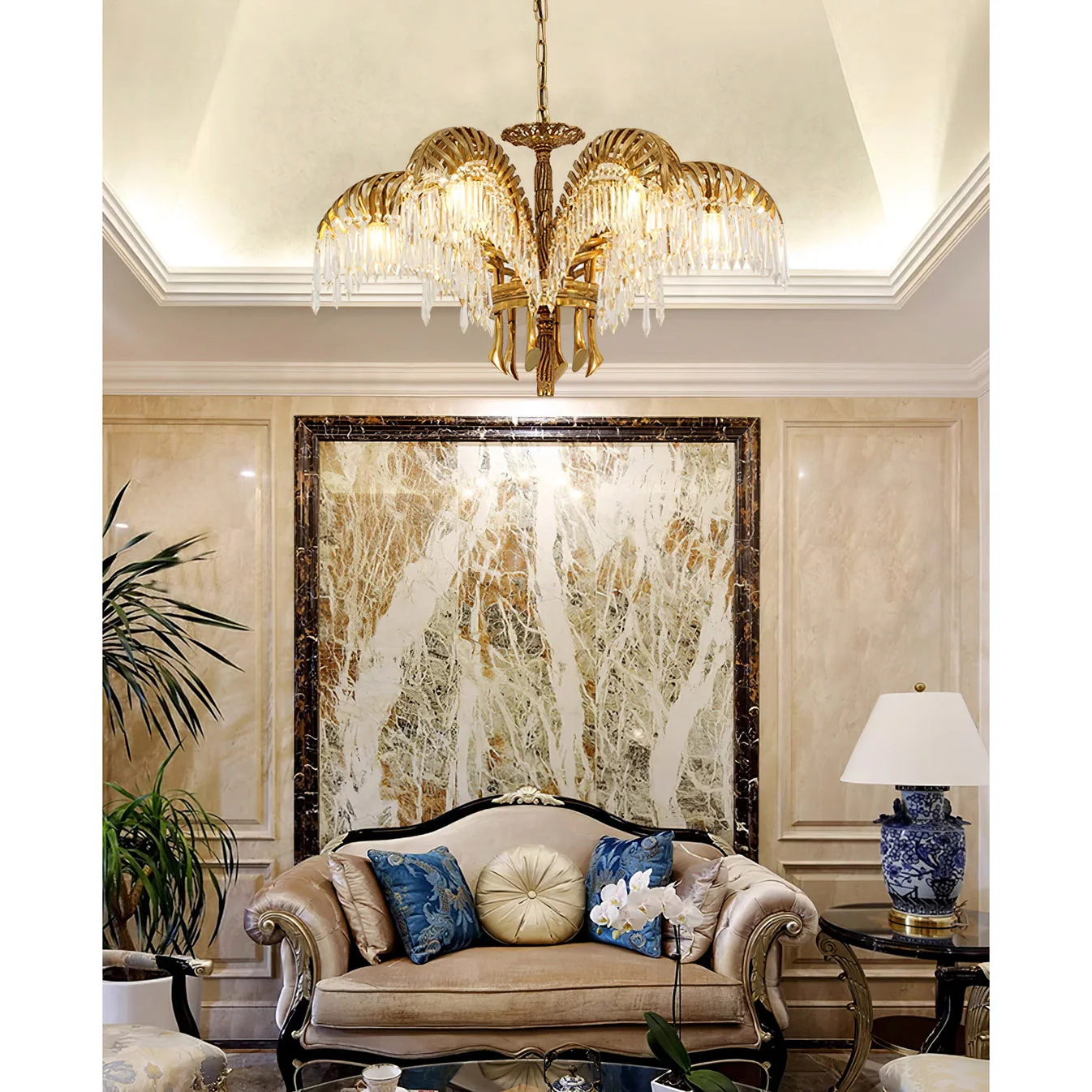Brass Palm Leaf Crystal Chandelier - Image 61