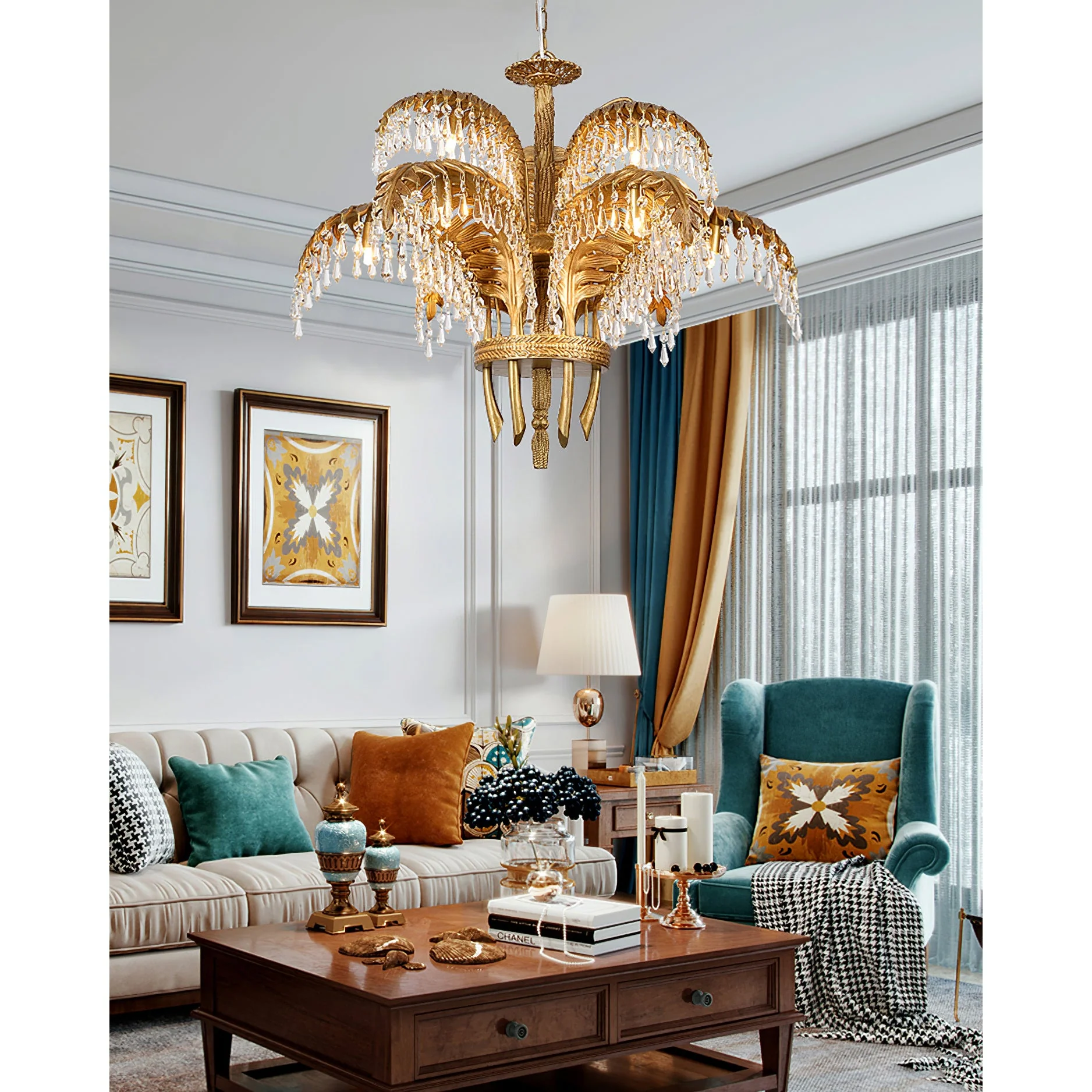 Brass Palm Leaf Crystal Chandelier - Image 64