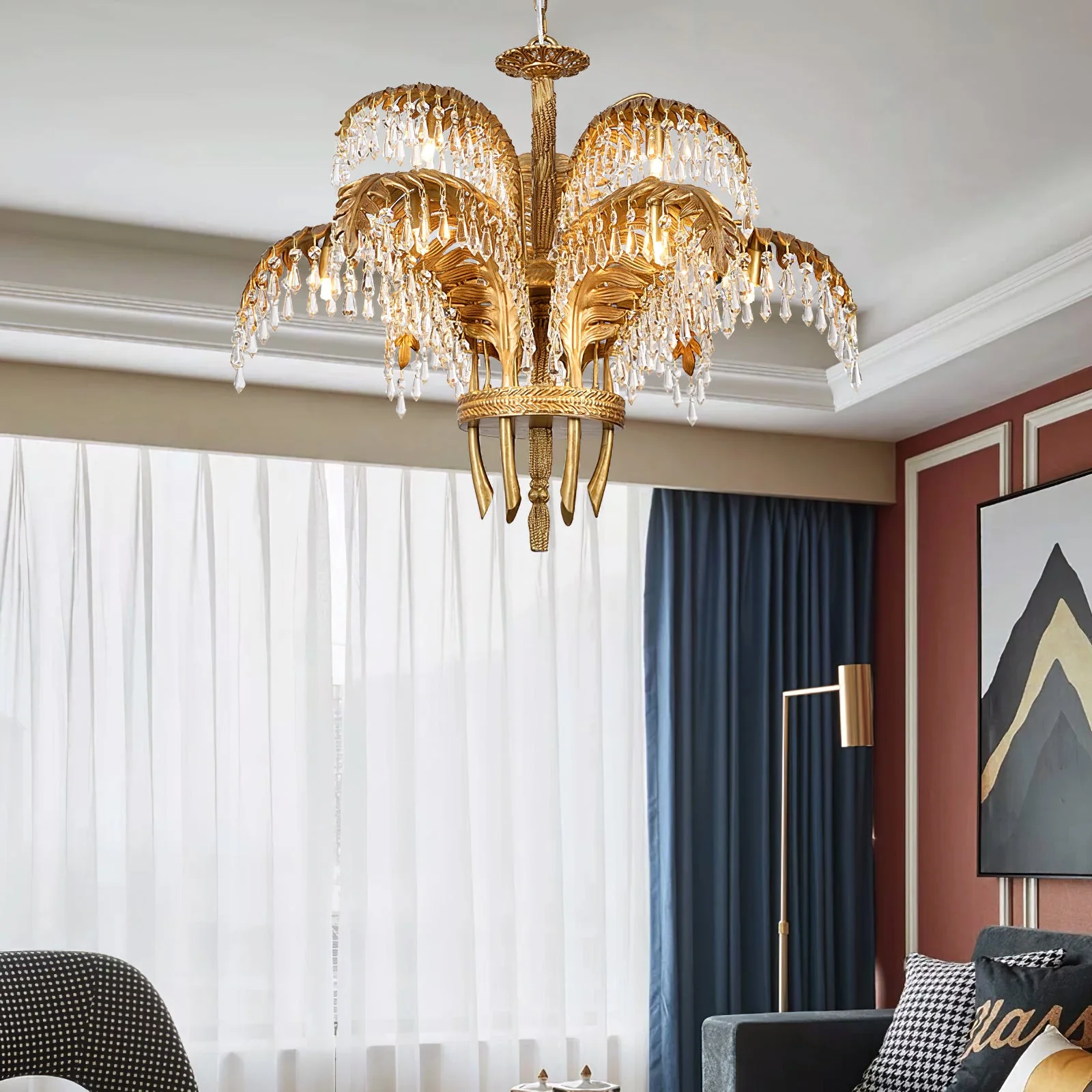 Brass Palm Leaf Crystal Chandelier - Image 65