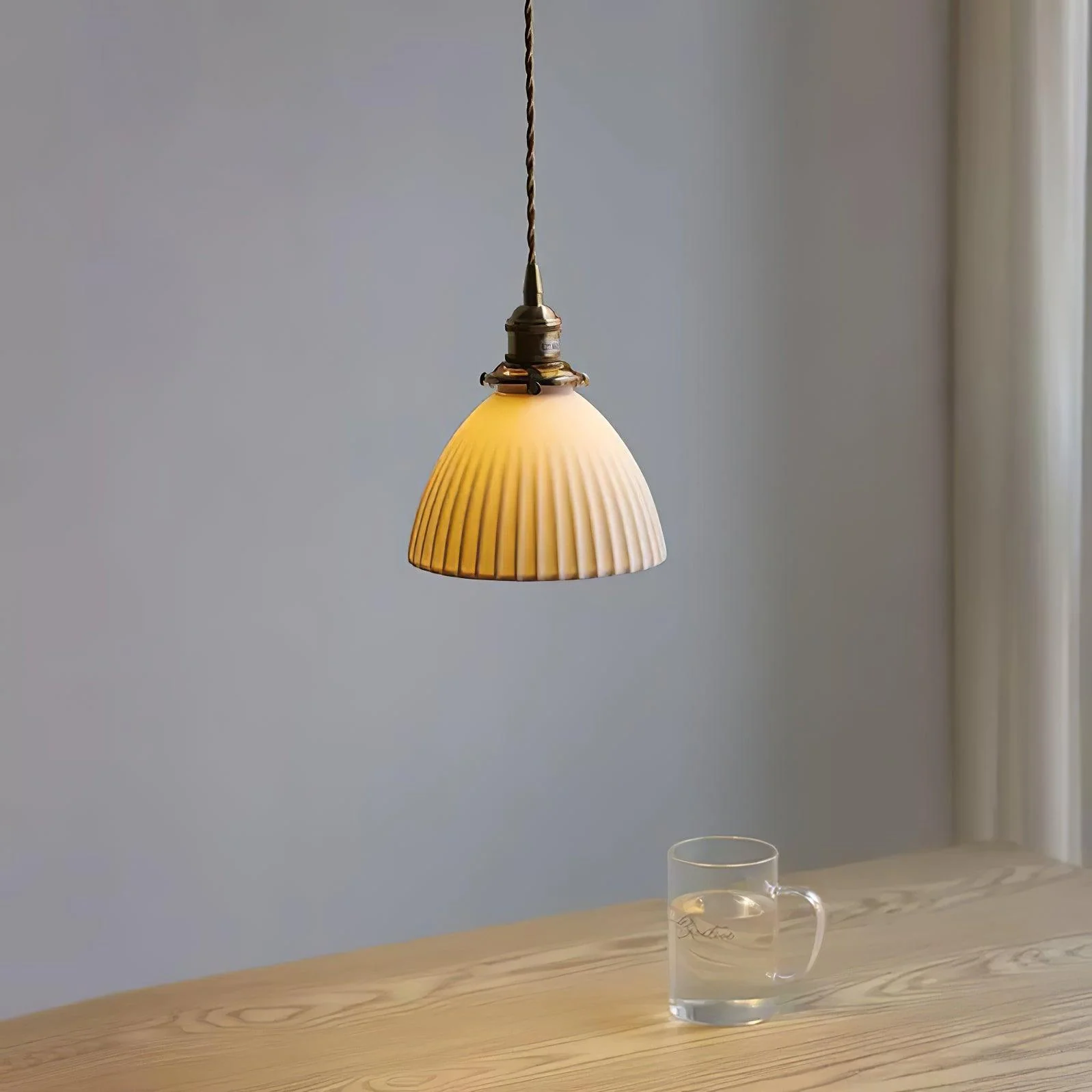 Brass Pleated Ceramic Pendant Lamp - Image 10