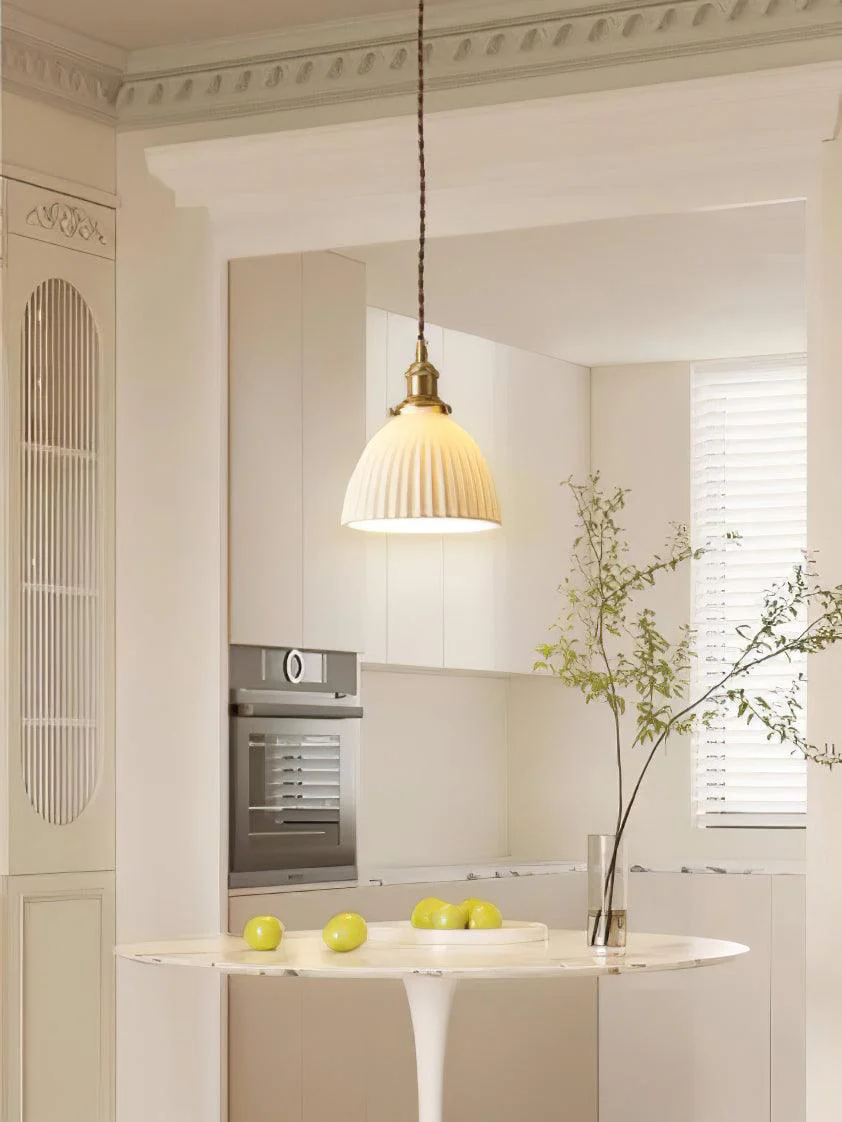 Brass Pleated Ceramic Pendant Lamp - Image 16