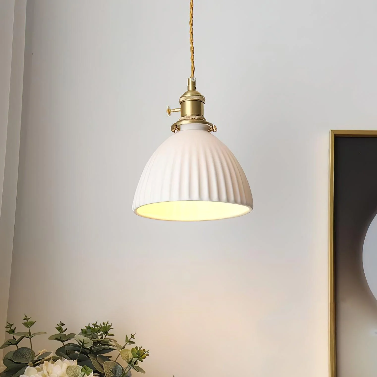 Brass Pleated Ceramic Pendant Lamp - Image 2
