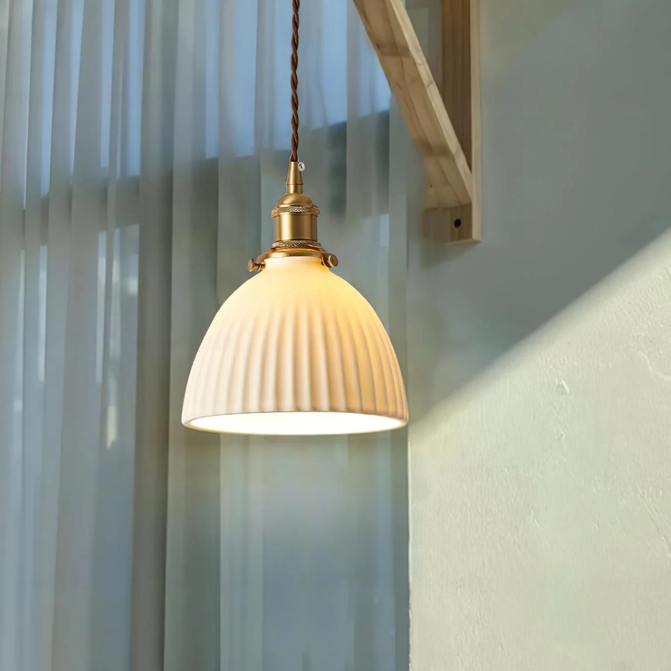 Brass Pleated Ceramic Pendant Lamp - Image 3