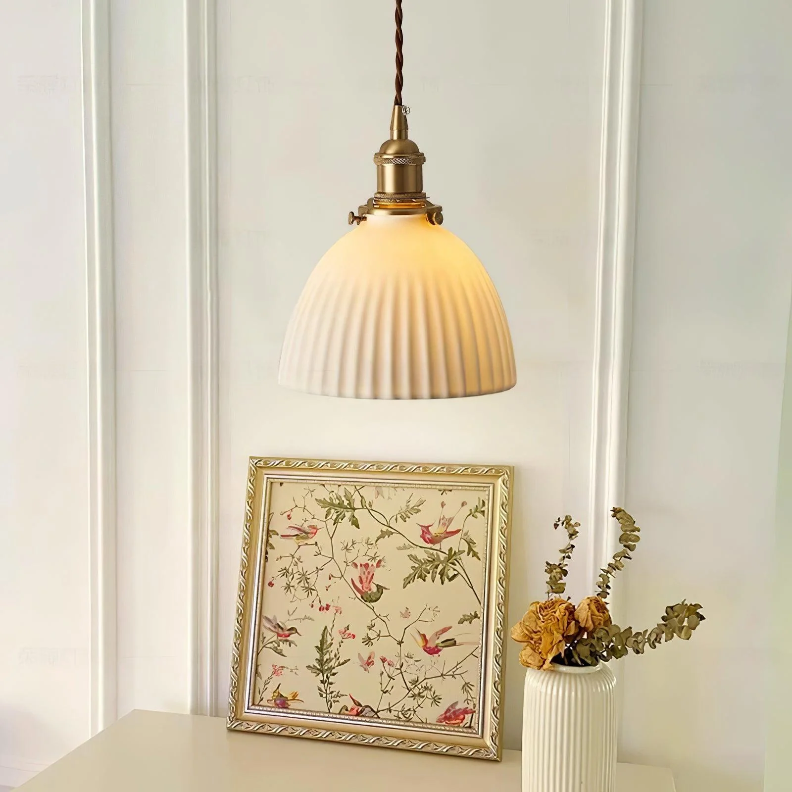 Brass Pleated Ceramic Pendant Lamp - Image 4