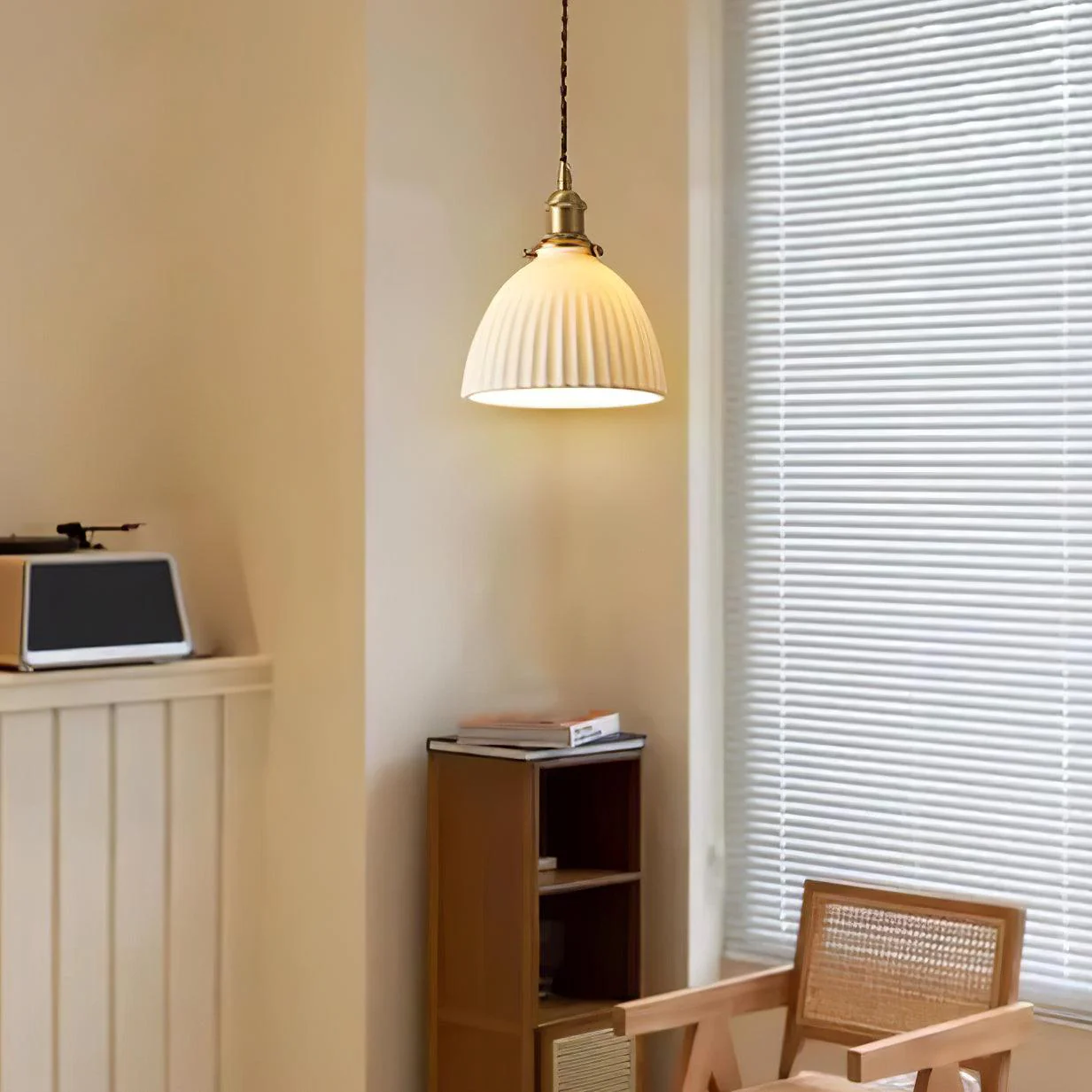 Brass Pleated Ceramic Pendant Lamp - Image 5