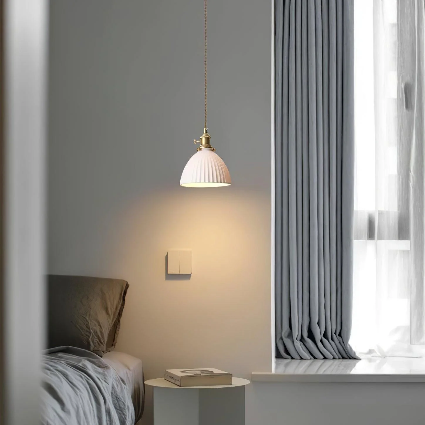 Brass Pleated Ceramic Pendant Lamp - Image 7