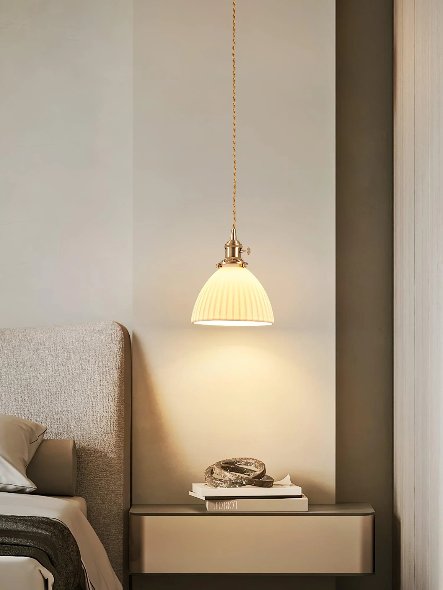 Brass Pleated Ceramic Pendant Lamp - Image 9