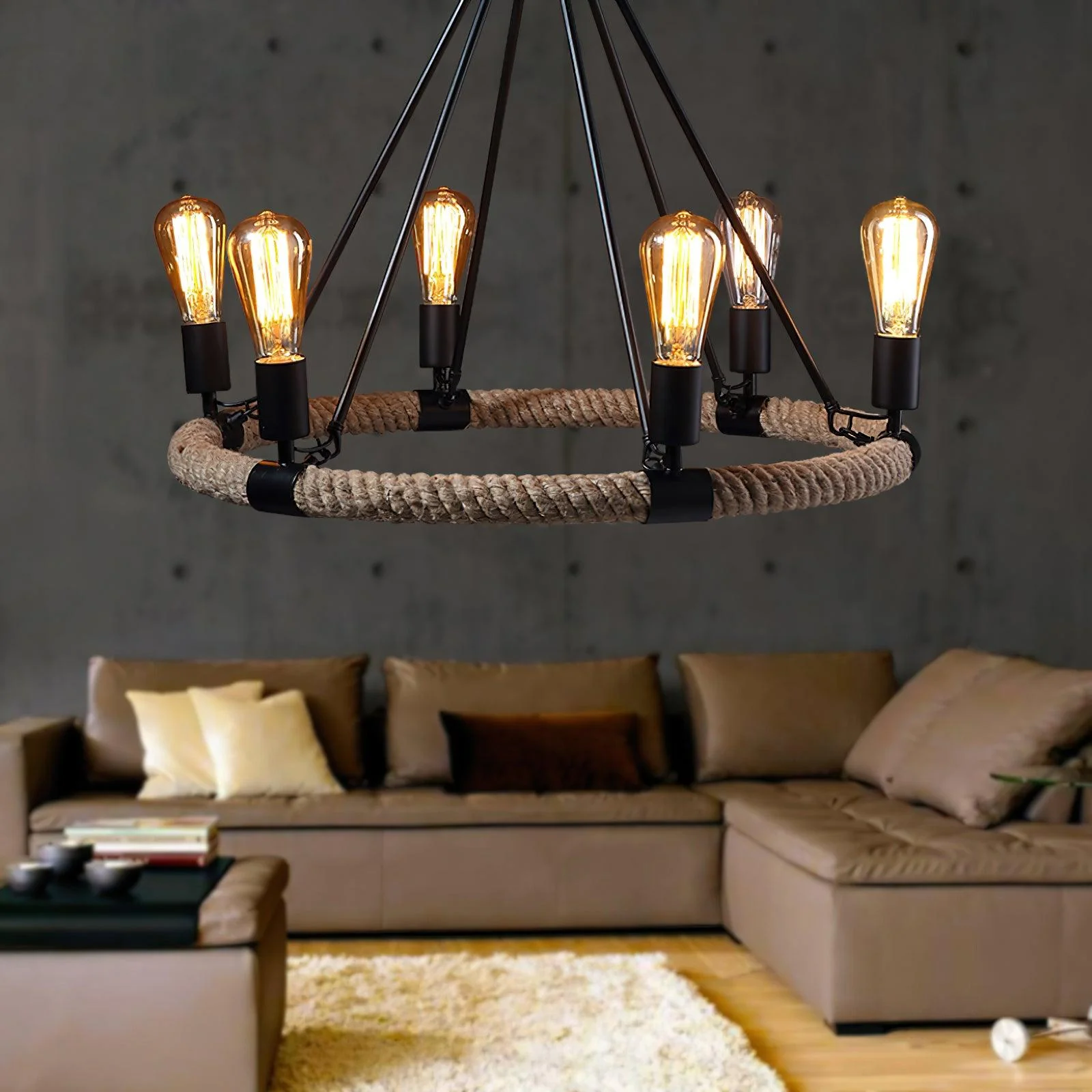 Hemp Rope Industrial Large Circle Chandelier - Image 10