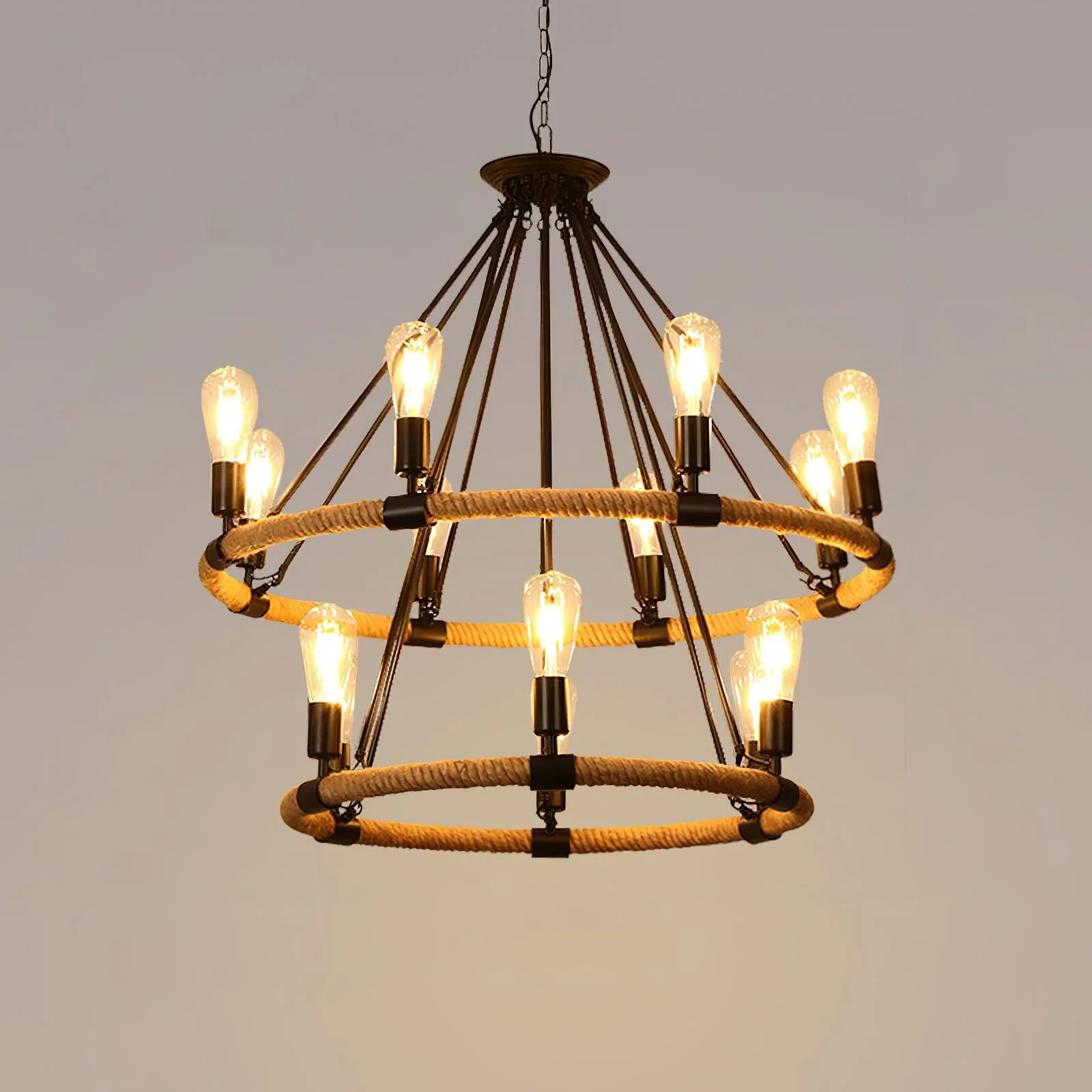 Hemp Rope Industrial Large Circle Chandelier - Image 25