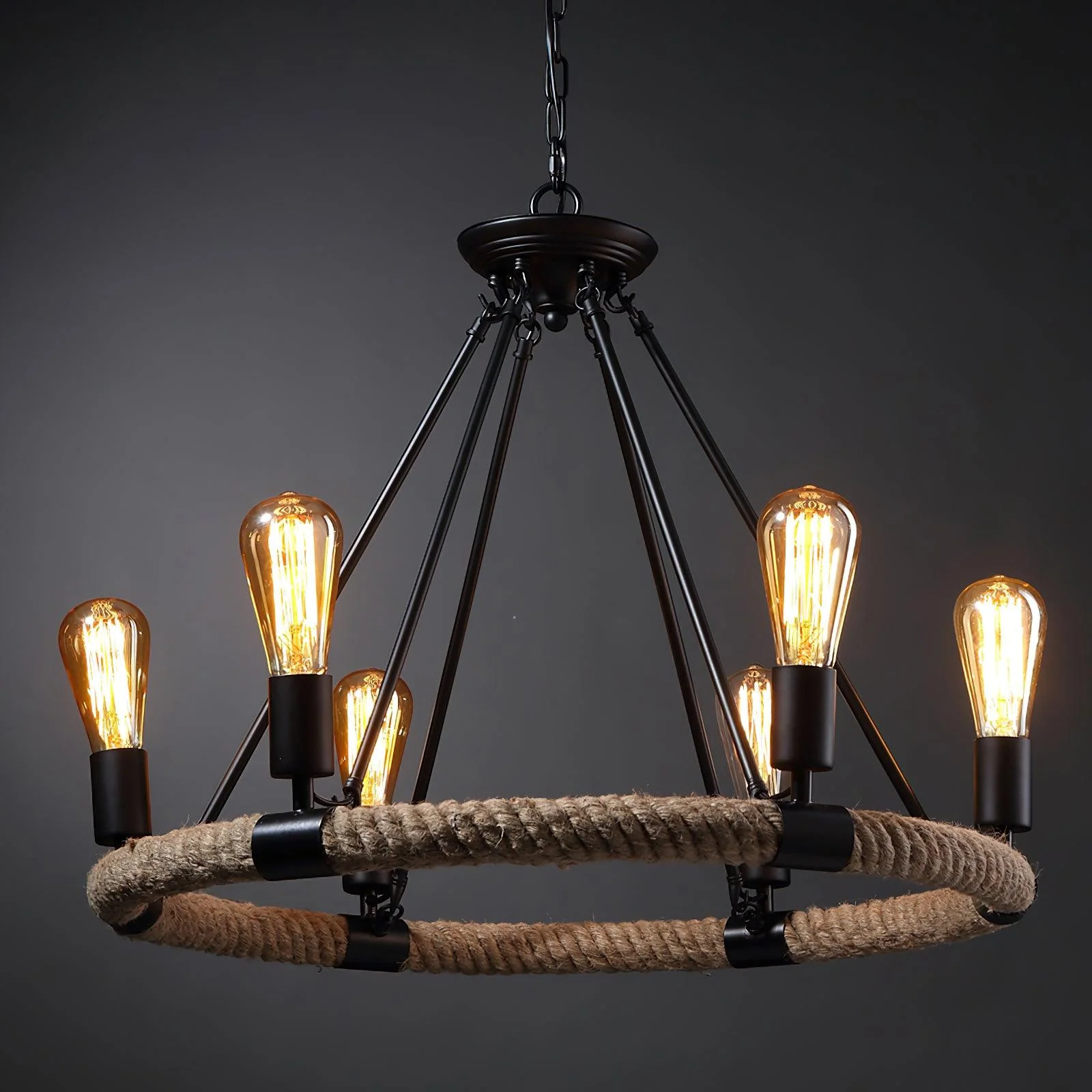 Hemp Rope Industrial Large Circle Chandelier - Image 7