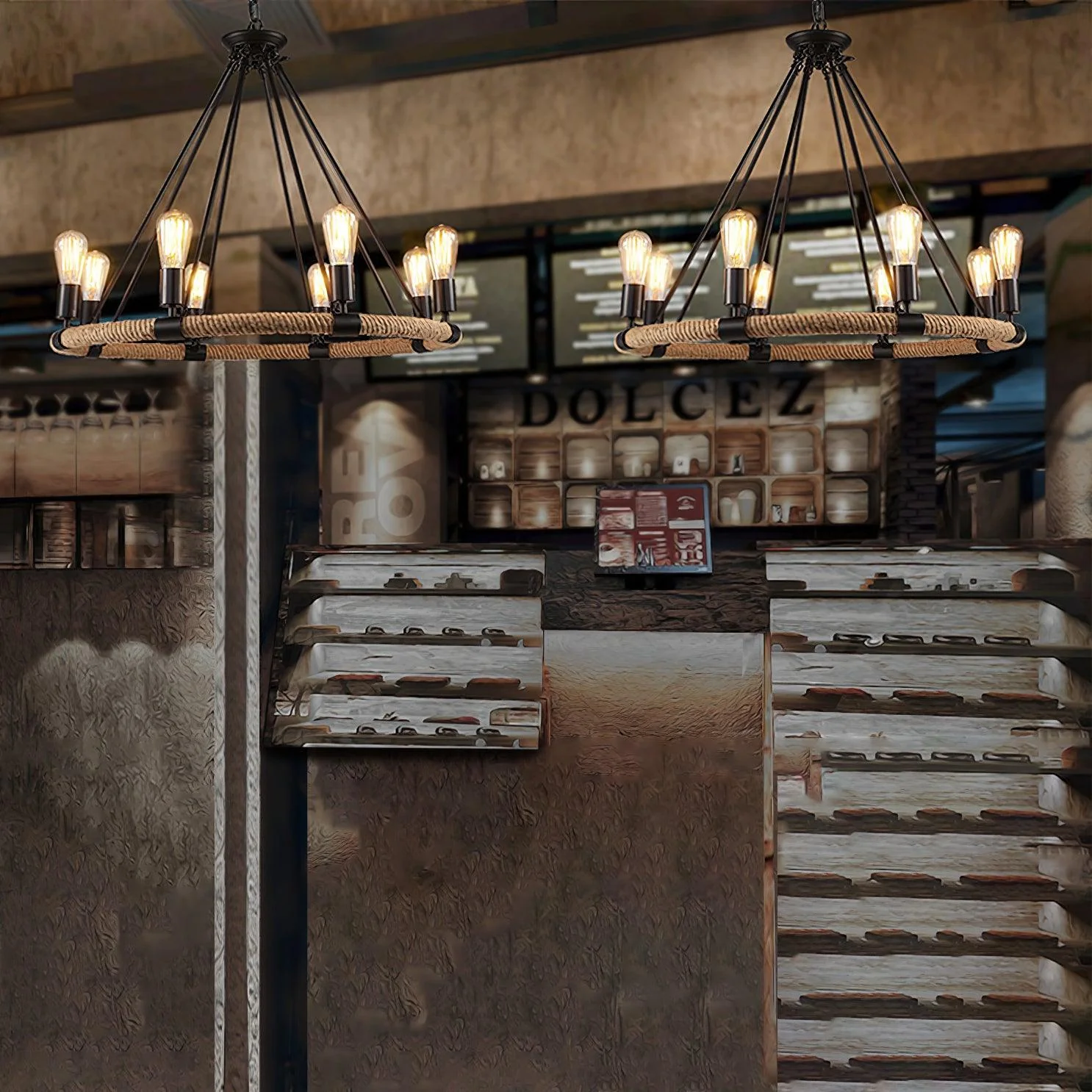 Hemp Rope Industrial Large Circle Chandelier - Image 9