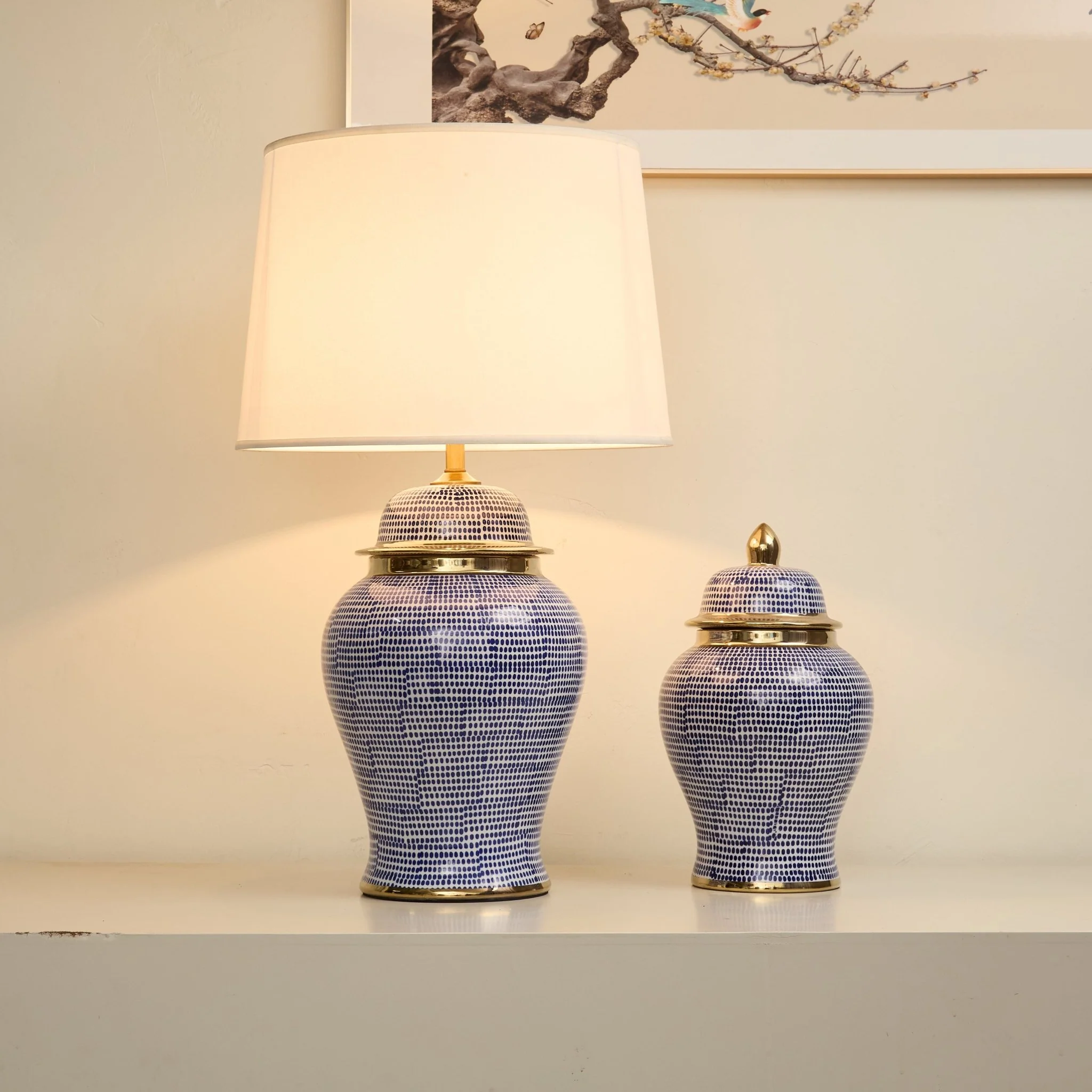 Indigo Dot Patterned Ceramic Table Lamp - Image 2