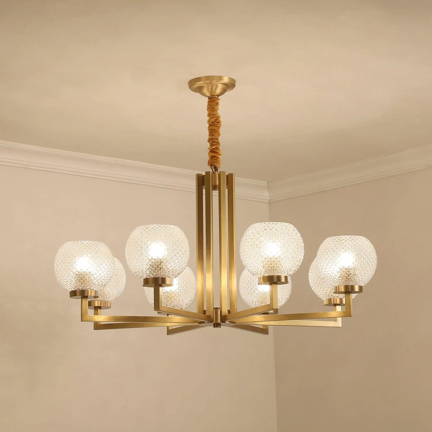 Ribbed Glass Brass Chandelier - Image 13