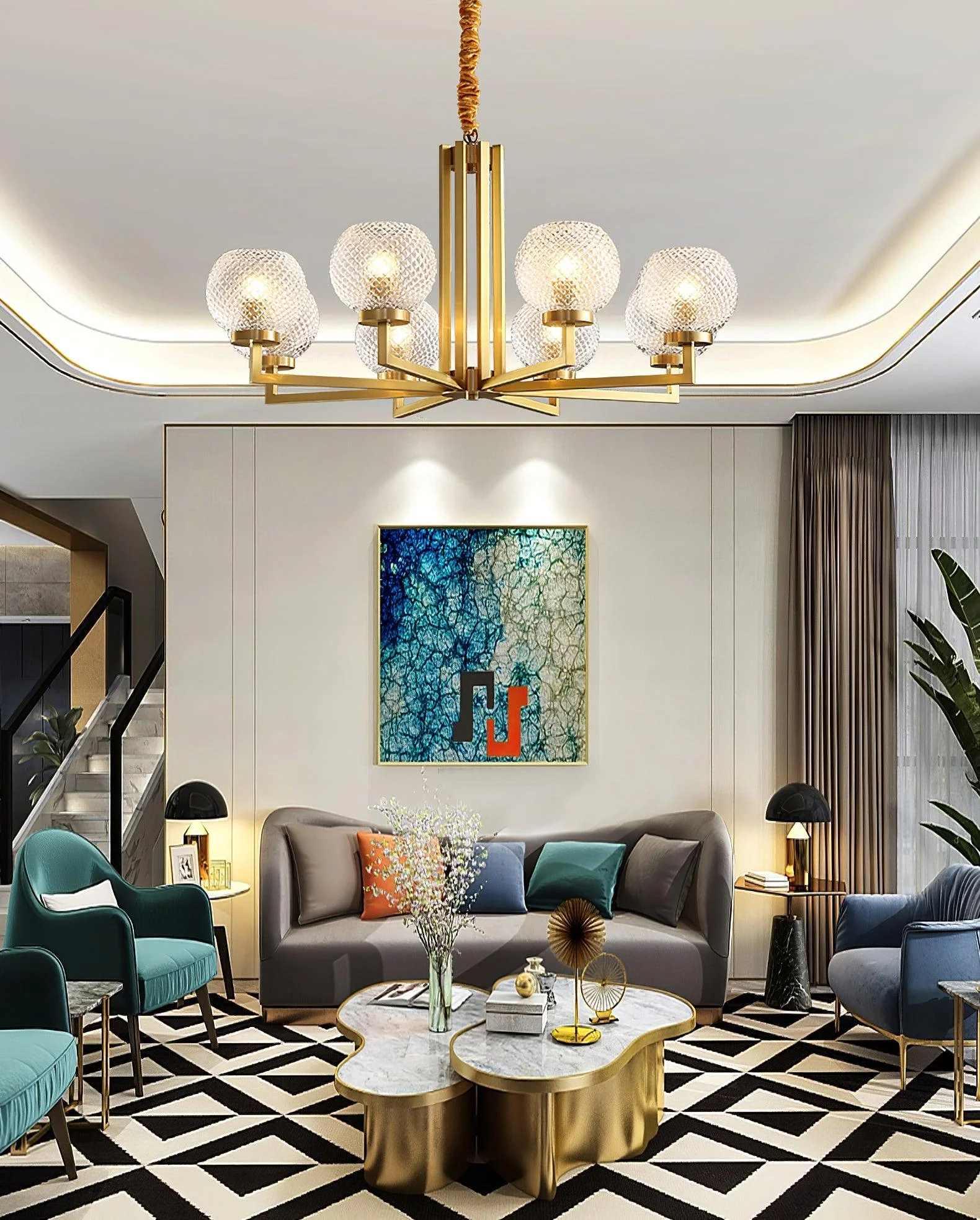 Ribbed Glass Brass Chandelier - Image 6