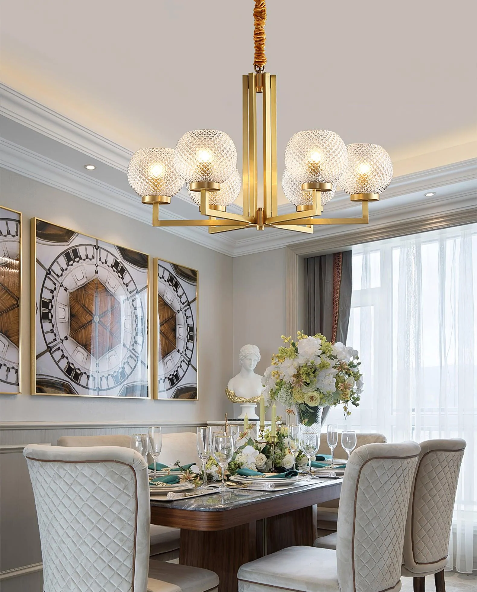 Ribbed Glass Brass Chandelier - Image 7