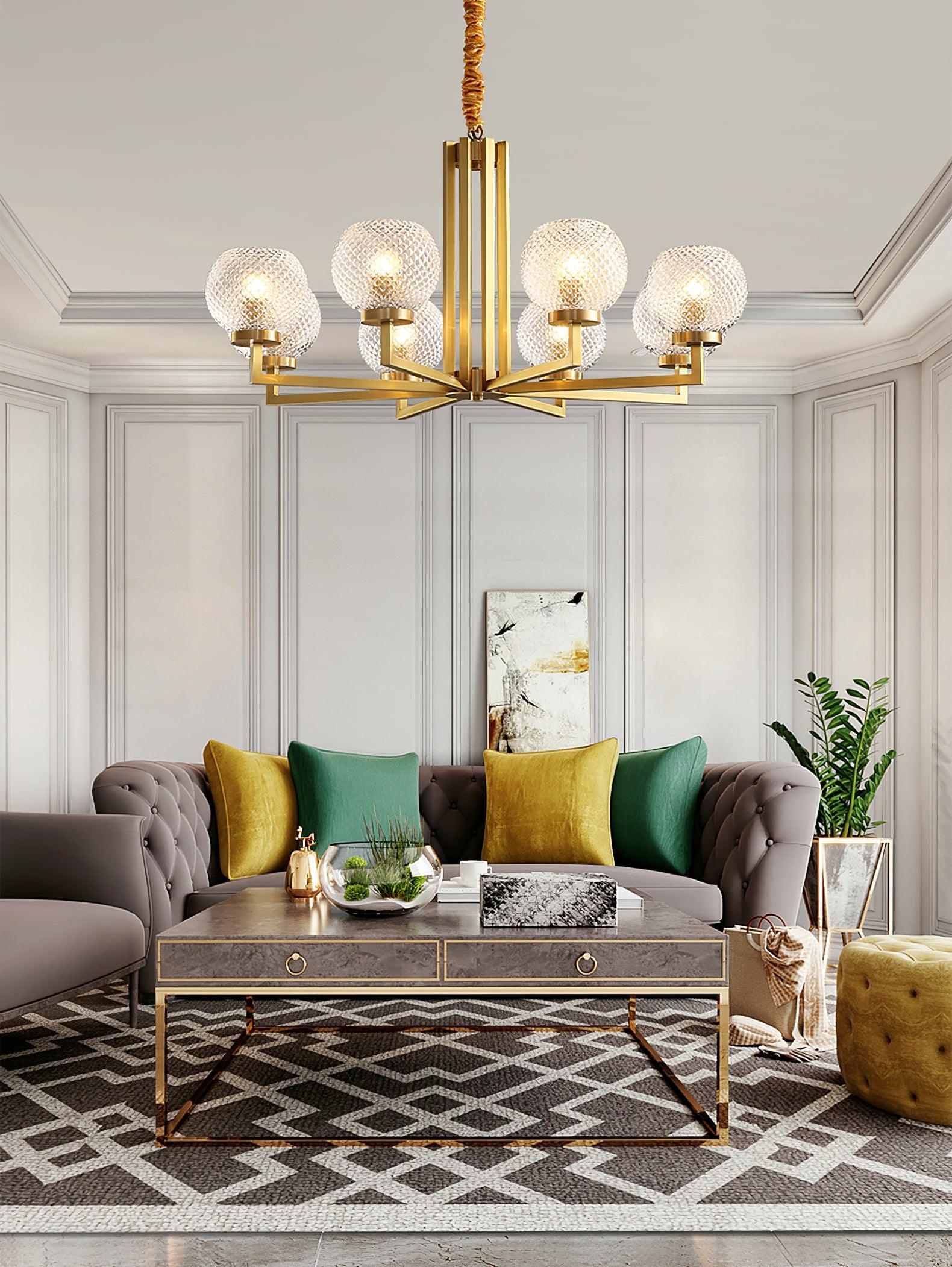 Ribbed Glass Brass Chandelier - Image 8