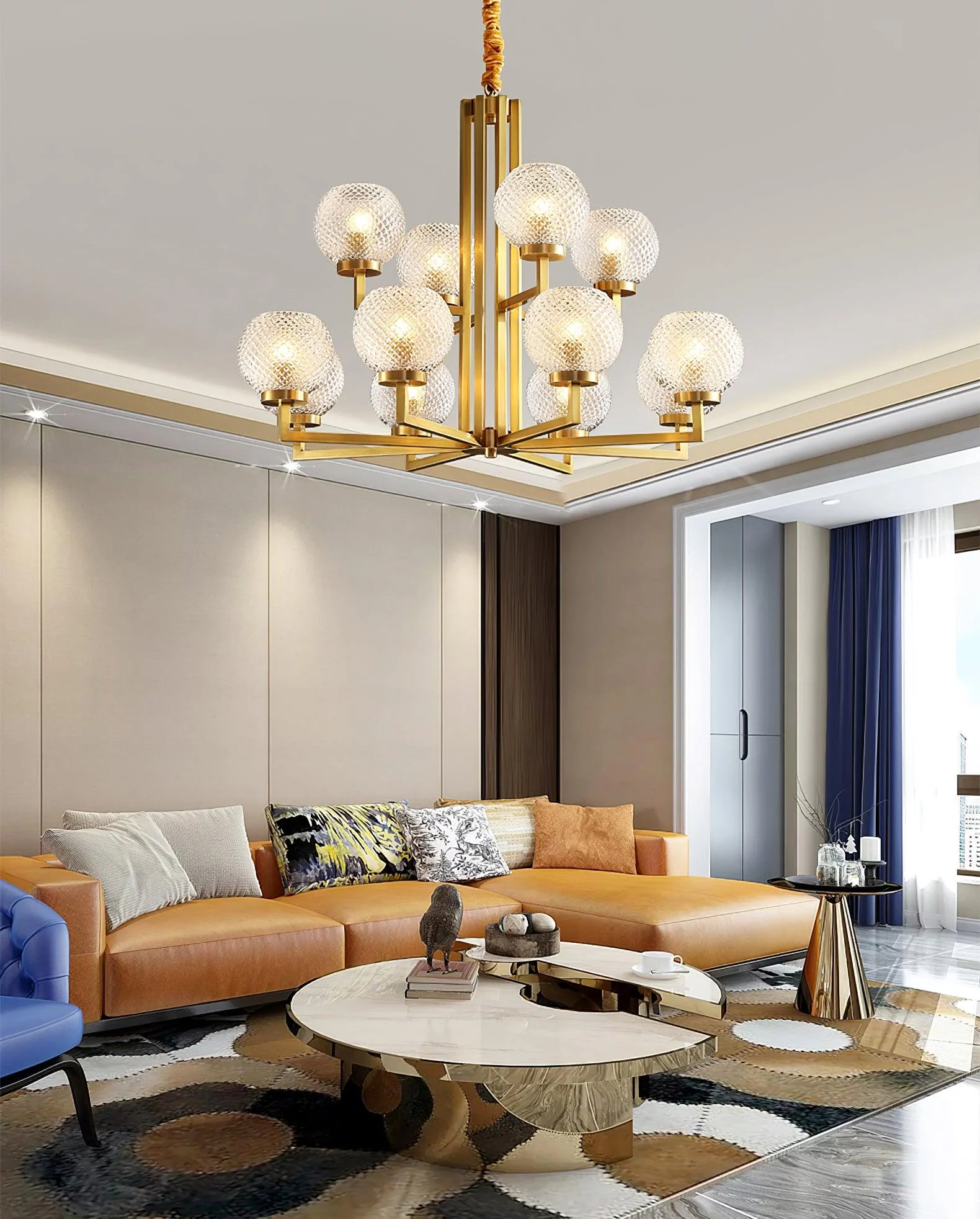 Ribbed Glass Brass Chandelier - Image 9