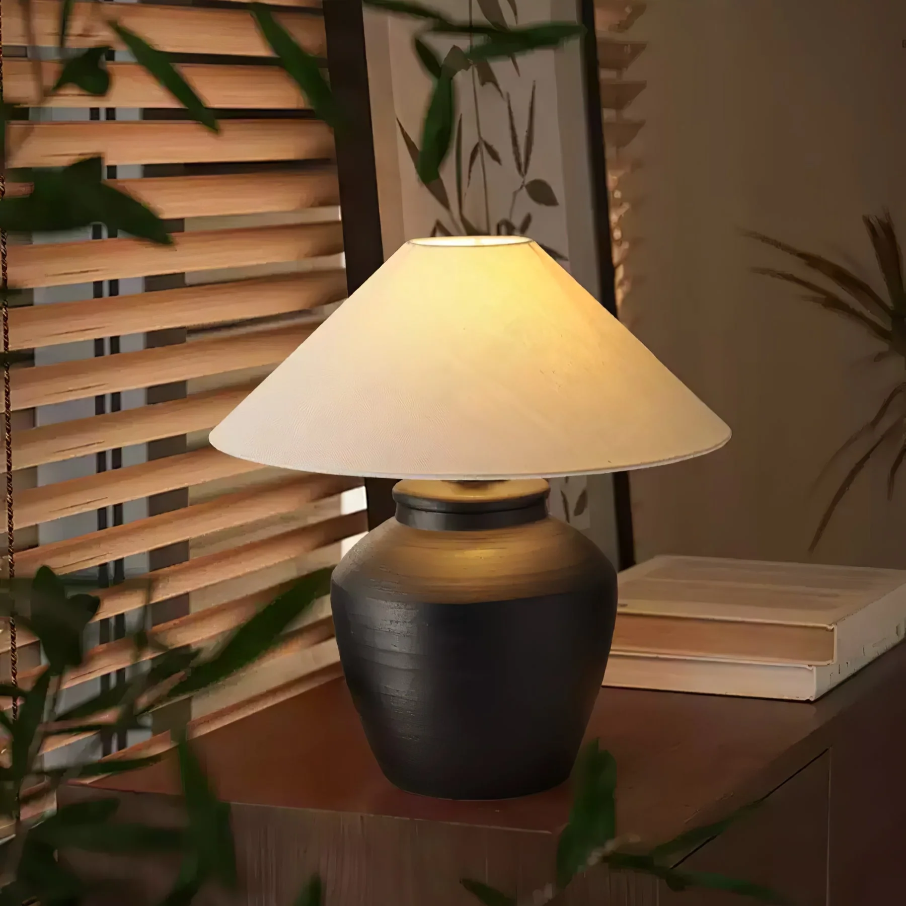 Rustic Black Ceramic Table Lamp - Image 3